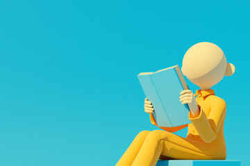 Person reading a book against clear blue sky background