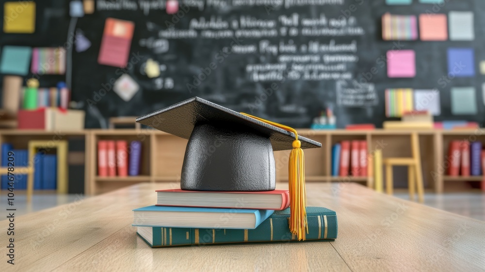Leinwandbilder a graduation cap is placed on top of stacked books in a classroom filled with educational resources 