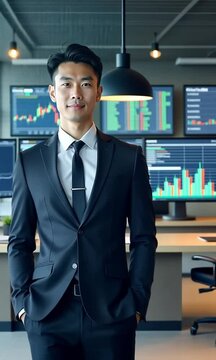 Man in front of stock market charts.
