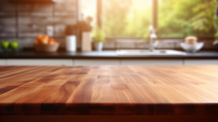 Empty wooden tabletop in front of blurred kitchen background