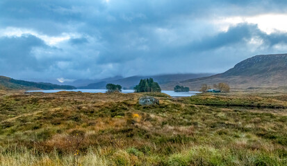 Beautiful views across Loch Ossian on the edge of Rannoch Moor, Scotland