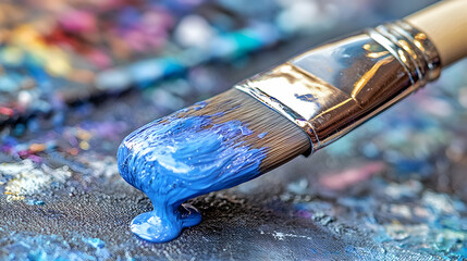 Fototapeta premium A paintbrush with blue paint dripping onto a palette.