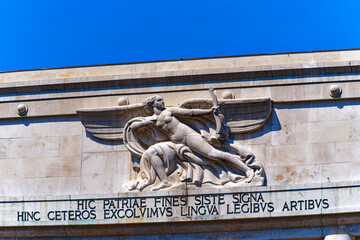 Close-up of Bolzano Victory Monument at Victory Square at Italian City of Bozen on a sunny summer...