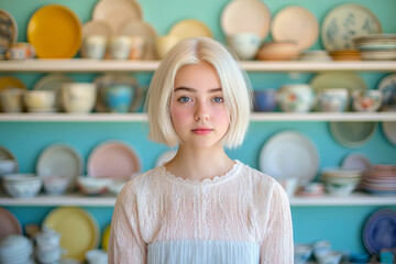 Young woman posing in a pottery workshop. Woman with short blond hair smiling in a white kitchen with shelves full of white crockery.