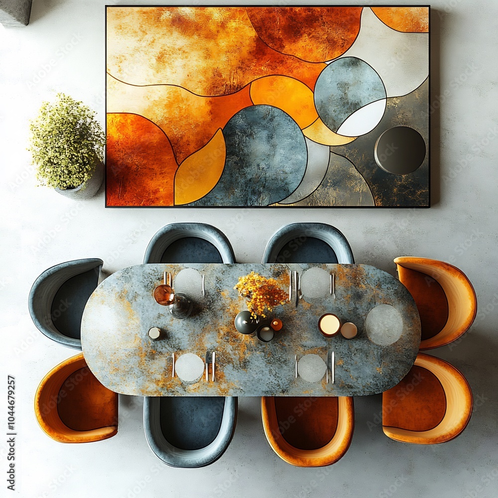 Poster 3d render top view of contemporary dining room featuring an artistic table with unique patterns mode