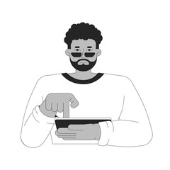 African american bearded man typing tablet touch screen black and white 2D line character. FOMO tech. Sunglasses black guy using gadget isolated vector outline person. Monochromatic spot illustration