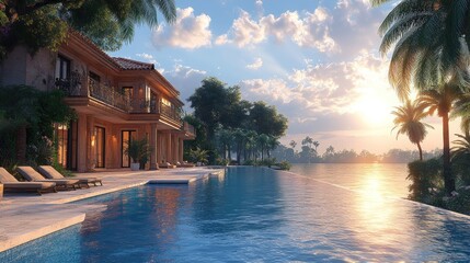 Fototapeta premium Luxurious villa by a serene infinity pool at sunset.