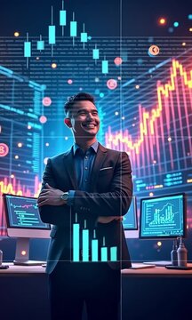 Man in front of stock market charts.
