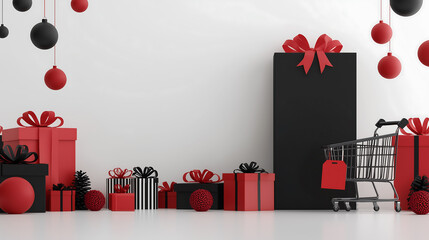 Festive Red and Black Holiday Decorations with Gifts and Ornaments for a Joyful Celebration Atmosphere