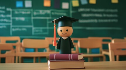 A cute graduation figurine, wearing a cap and gown, is perched atop books in a classroom, symbolizing educational success and celebration. Generative AI