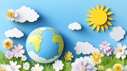 3D paper cut world Earth Day with spring flowers, sun, and clouds on a blue background.