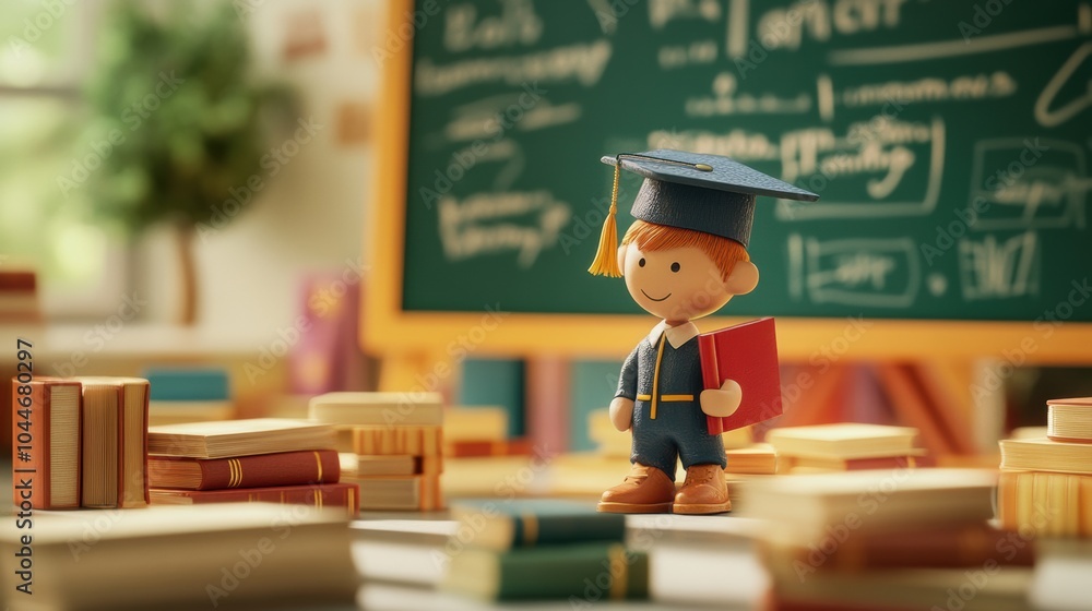 Poster a cheerful child in a graduation cap holds a book and stands surrounded by stacks of books in a vibr