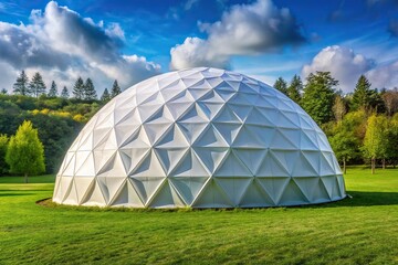 Symmetrical white plastic geodesic dome in a green field modern ball structure