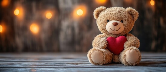 Obraz premium ** Cozy Teddy Bear with Red Heart on Rustic Wooden Surface with Warm Glowing Lights in the Background Creating a Romantic Atmosphere..**