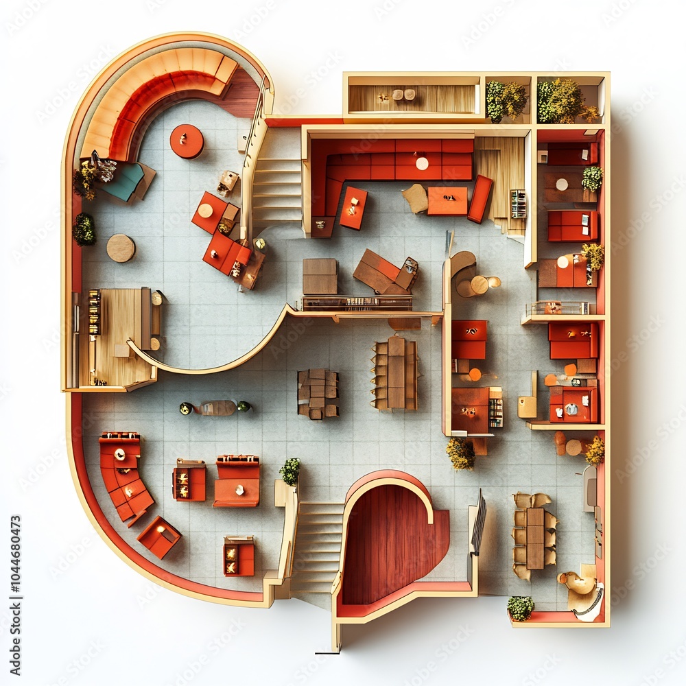 Poster 3d render top view of student center with stylish cafe areas and open lounge spaces for students det