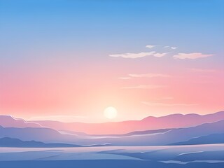 Obraz premium Illustration of a cold winter sunrise, represented by a minimalist gradient of soft pastel pinks and blues over a smooth, snow-covered horizon