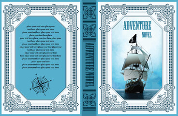 146-39-Book cover design featuring a pirate ship sailing on the ocean with a compass and ornate frame