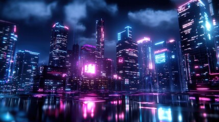 Obraz premium Futuristic city skyline featuring vibrant holographic displays and innovative architecture at twilight.