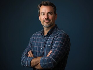 Bearded Man in a Plaid Shirt with Arms Crossed. Generative AI.