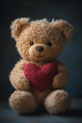 Obraz premium Adorable Teddy Bear Holding a Red Heart Symbolizing Love and Affection in a Cozy Setting