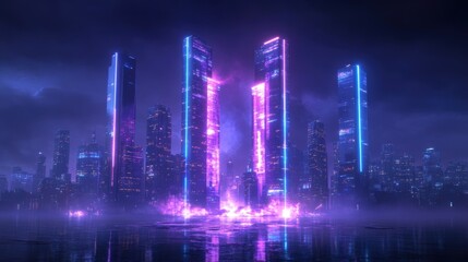 Obraz premium Futuristic city skyline featuring vibrant holographic displays and innovative architecture at twilight.