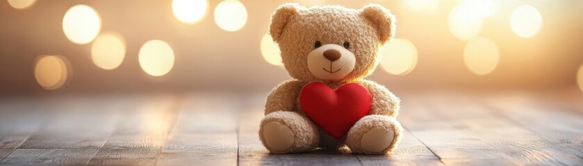 Obraz premium Adorable Teddy Bear Holding a Heart on Wooden Floor with Warm Bokeh Lights in the Background