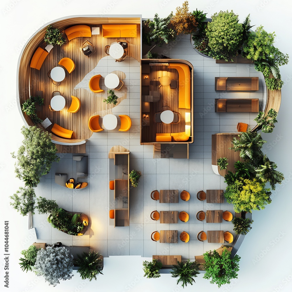 Aufkleber 3d render top view of student center with stylish cafe areas and open lounge spaces for students det