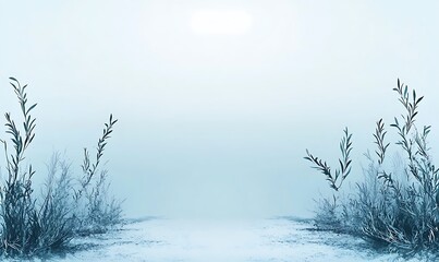 Minimalist winter landscape with two frosted plants and white foggy background.