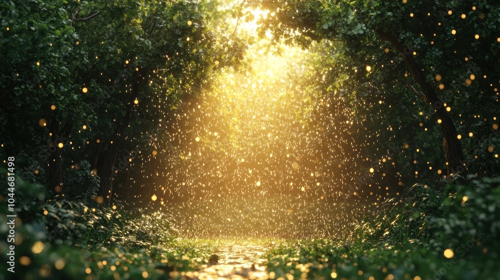Poster sunlight filtering through trees in a serene forest scene.