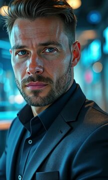 Man in front of stock market charts.