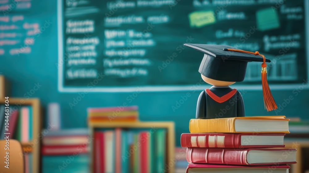 Poster A small graduation doll adorned with a cap is positioned atop piles of books amidst a colorful classroom setting filled with notes. Generative AI