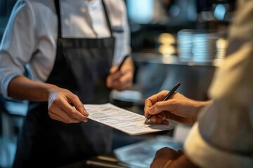 A chef in a restaurant kitchen writing down a food order, emphasizing teamwork, communication, and culinary organization.
