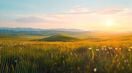 Sound waves radiating across a serene landscape, symbolizing the interconnectedness and harmony of natural and auditory elements.