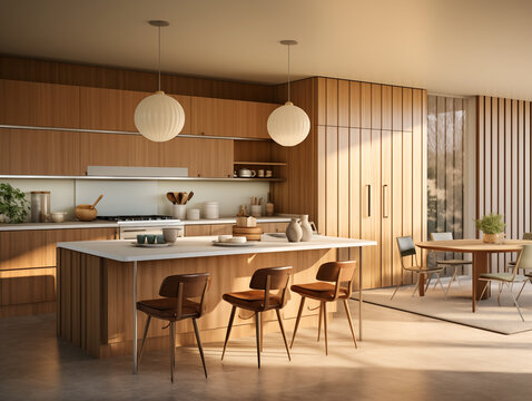 Mid century modern style inspired kitchen with wood panneling. Natural materials interior. Kitchen with dining area and bronze accents.