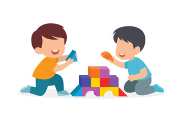 Happy kid boy playing a block toys together. Smiling excited children cartoon character with toy. vector illustration