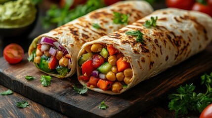 Two delicious wraps filled with colorful vegetables and herbs.