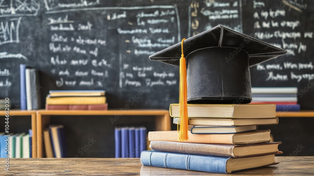 Poster a graduation cap is positioned on a pile of books, emphasizing academic achievement in a classroom s