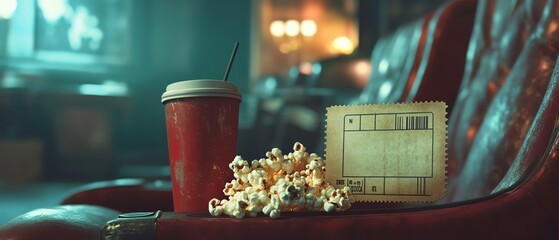 Cozy cinema setting with popcorn and drink