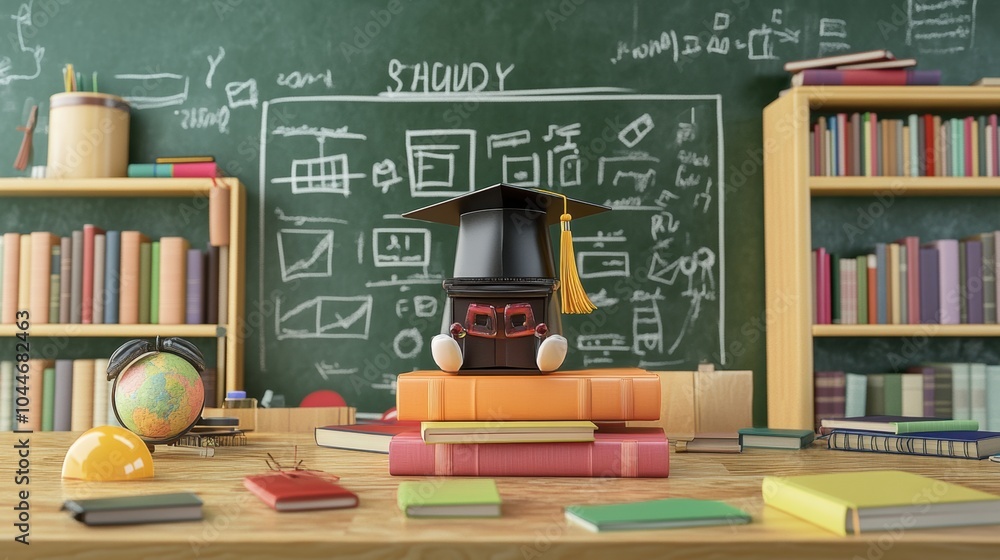 Aufkleber a graduation cap sits atop colorful books in a vibrant classroom filled with learning materials and 