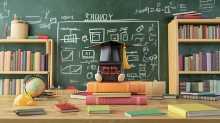 A graduation cap sits atop colorful books in a vibrant classroom filled with learning materials and a chalkboard covered in notes. Generative AI
