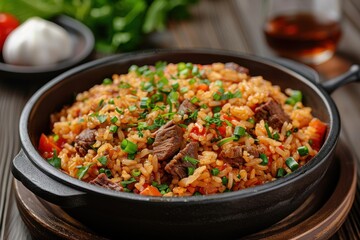 A dish of arroz carreteiro, a flavorful rice dish cooked with dried beef, tomatoes, onions, and herbs, garnished with green onions