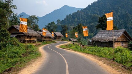 Close-up of a village road curving through charming homes, banners encouraging voting, serene setting emphasizing the power of each vote