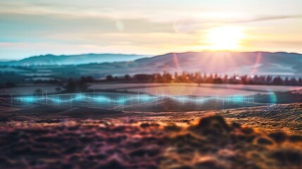 Fototapeta premium Sound waves radiating across a serene landscape, symbolizing the interconnectedness and harmony of natural and auditory elements.