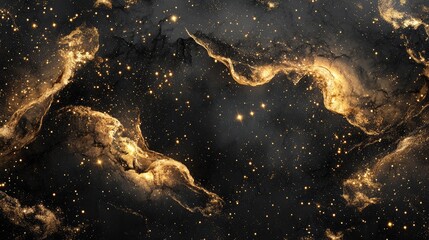 Abstract Swirling Black Galaxy with Shimmering Gold Stars and Nebulae
