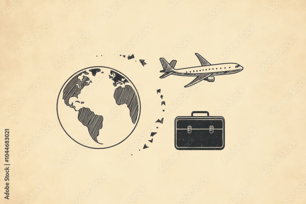 Poster a globe represents the world, while an airplane soars and a suitcase awaits, capturing the essence o