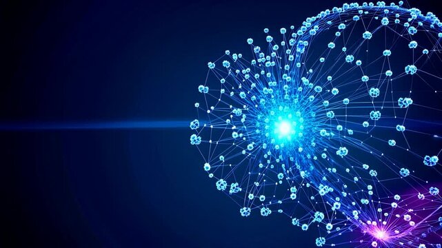 Expanding and Growing Neural Network from Center Core to Large Scale and Complex Web with Nodes and Connections. AI, Computer Algorithms, Artificial Intelligence and Large Language Model Visualization