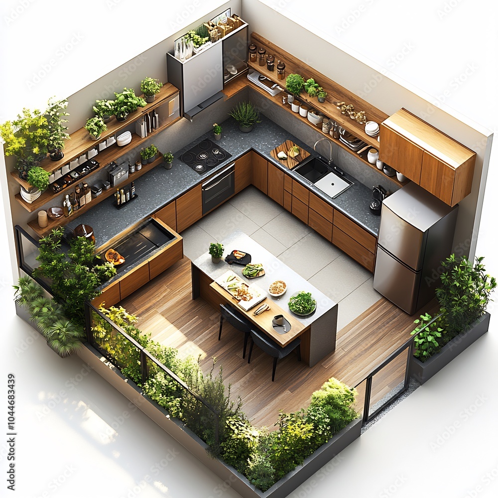 Poster 3d topdown view of contemporary kitchen with an island open shelving units and a large fridge compre