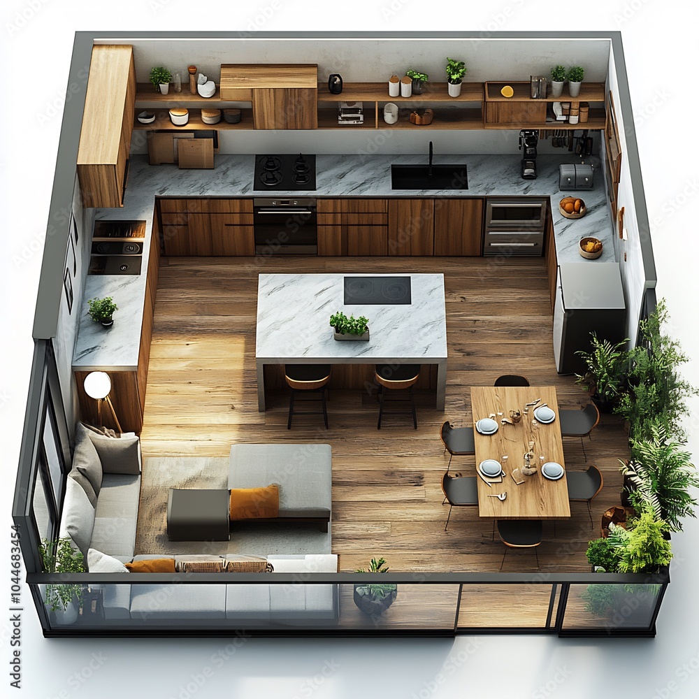 Poster 3d topdown view of contemporary kitchen with an island open shelving units and a large fridge compre