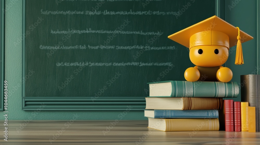 Leinwandbilder a bright yellow graduation figurine sits on a stack of books, proudly displaying its cap in a classr