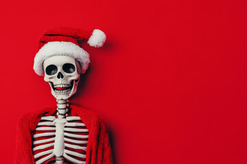 Naklejka premium Happy skeleton wearing festive Santa hat against bright red background with copy space. Christmas composition